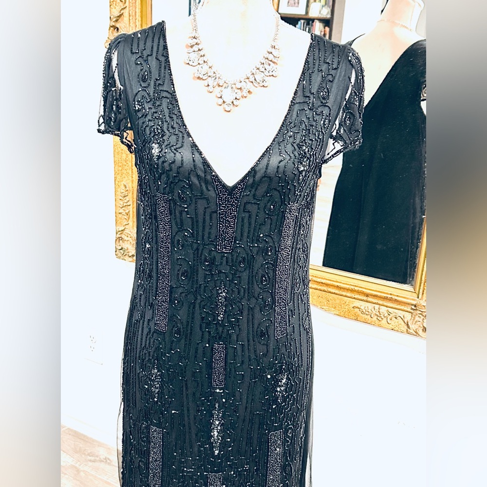 Vintage Gatsby flapper style crystal  beaded dress whimseygoth black tie sz 10